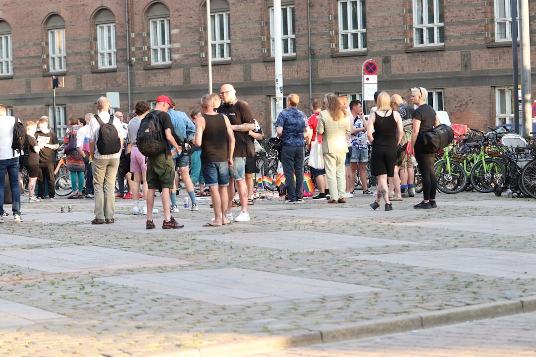 Group of elderly Danish neighbors talking outside
